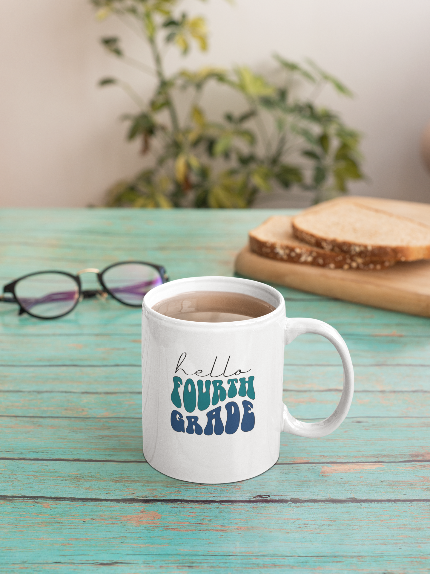 Hello Fourth Grade Retro Blue | 15 oz. White Mug
