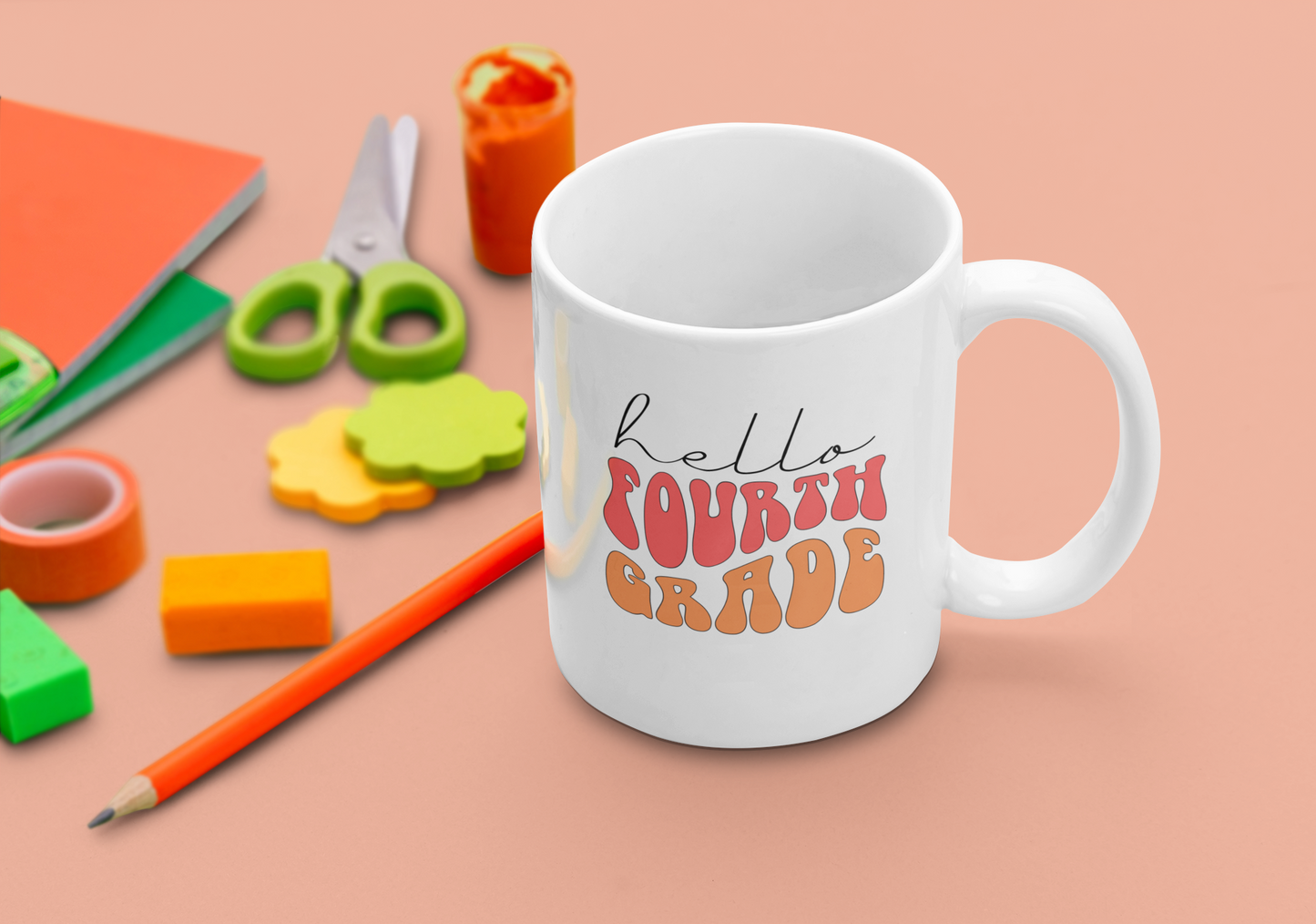Hello Fourth Grade Retro Pink | 15 oz. White Mug