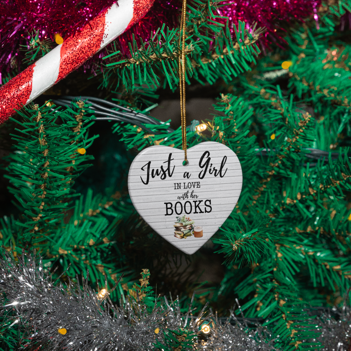 Just A Girl In Love With Her Books - White Wood | Heart Ornament