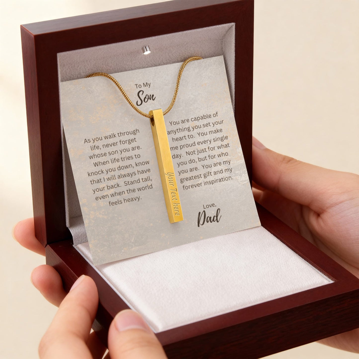 To My Son, Love Dad | As You Walk Through Life | Personalized Vertical Engraved Stick Necklace