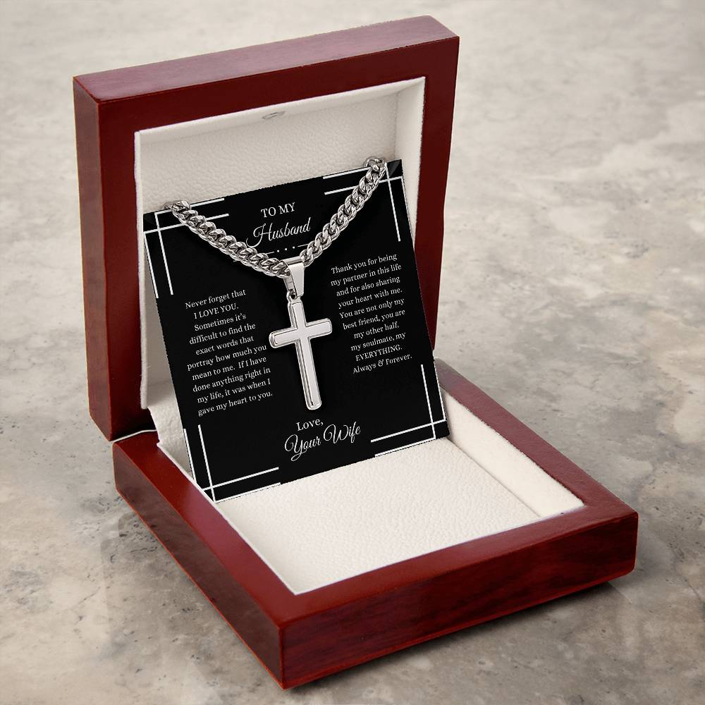 To My Husband, Never Forget I Love You | Cuban Chain Cross Necklace