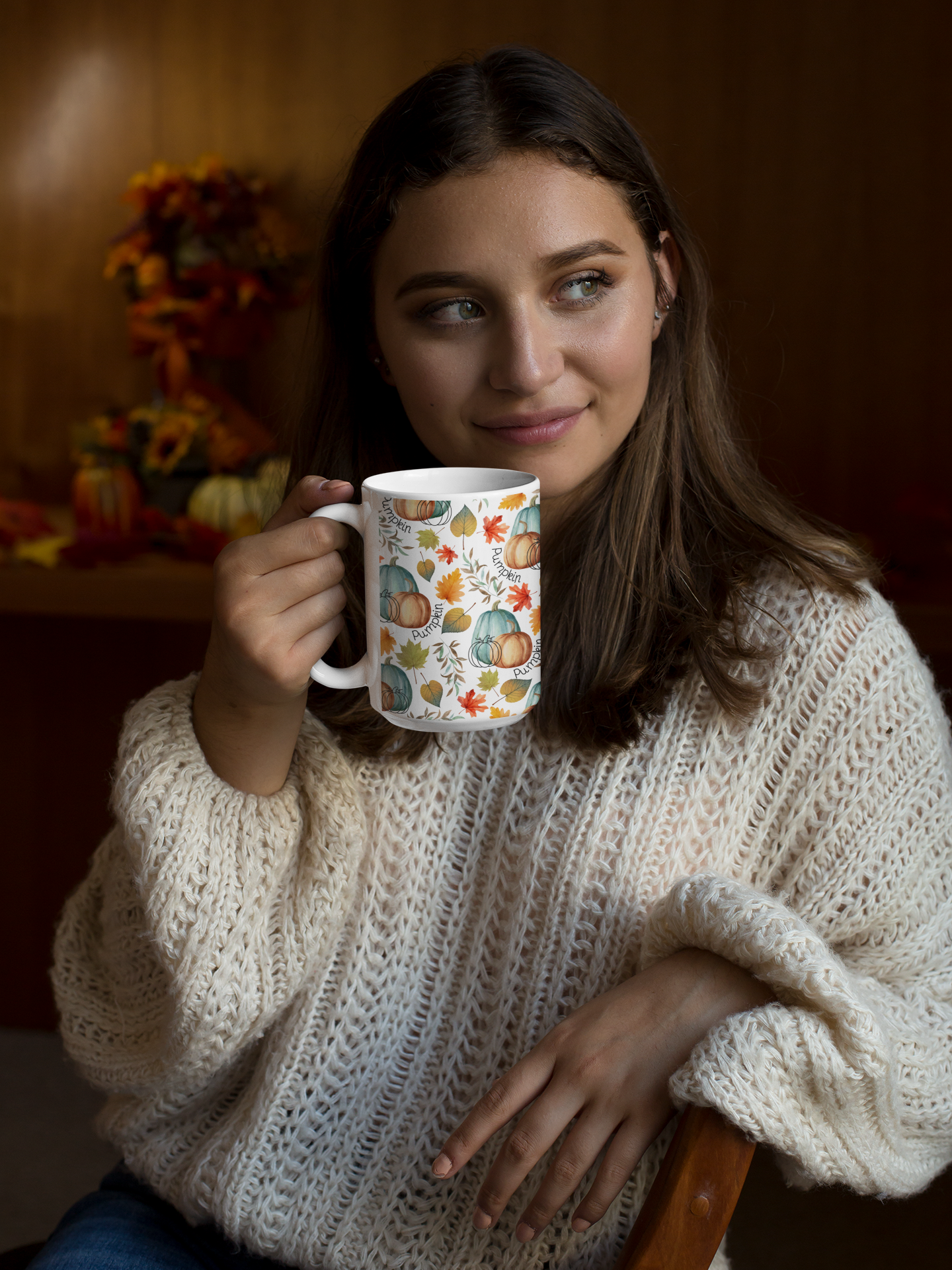 Pumpkin and Leaves | 15oz White Mug