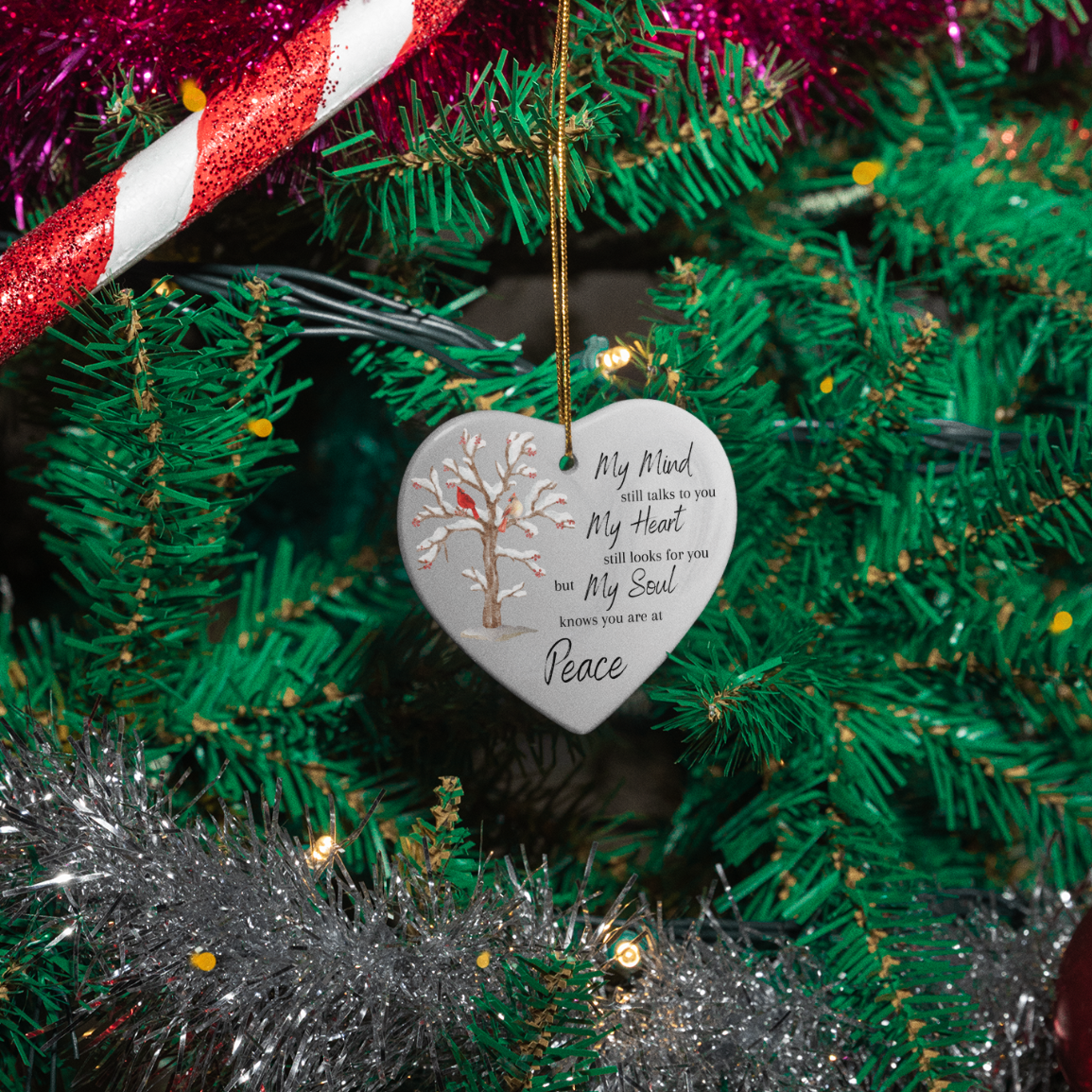 My Soul Knows You Are At Peace Cardinals In Tree | Heart Ornament