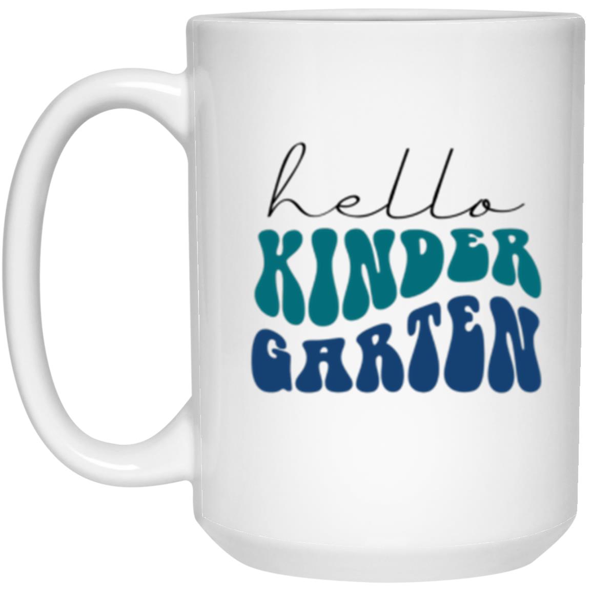 Hello Kindergarten Grade Retro Blue | 15 oz. White Mug