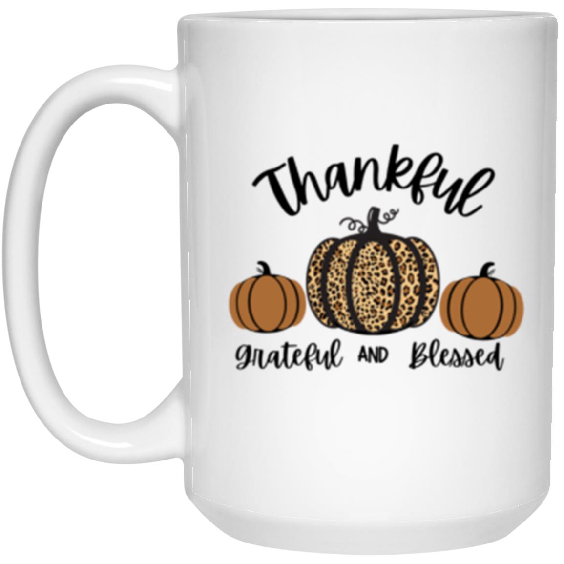 Thankful, Grateful, and Blessed Animal Print Pumpkin | 15oz White Mug