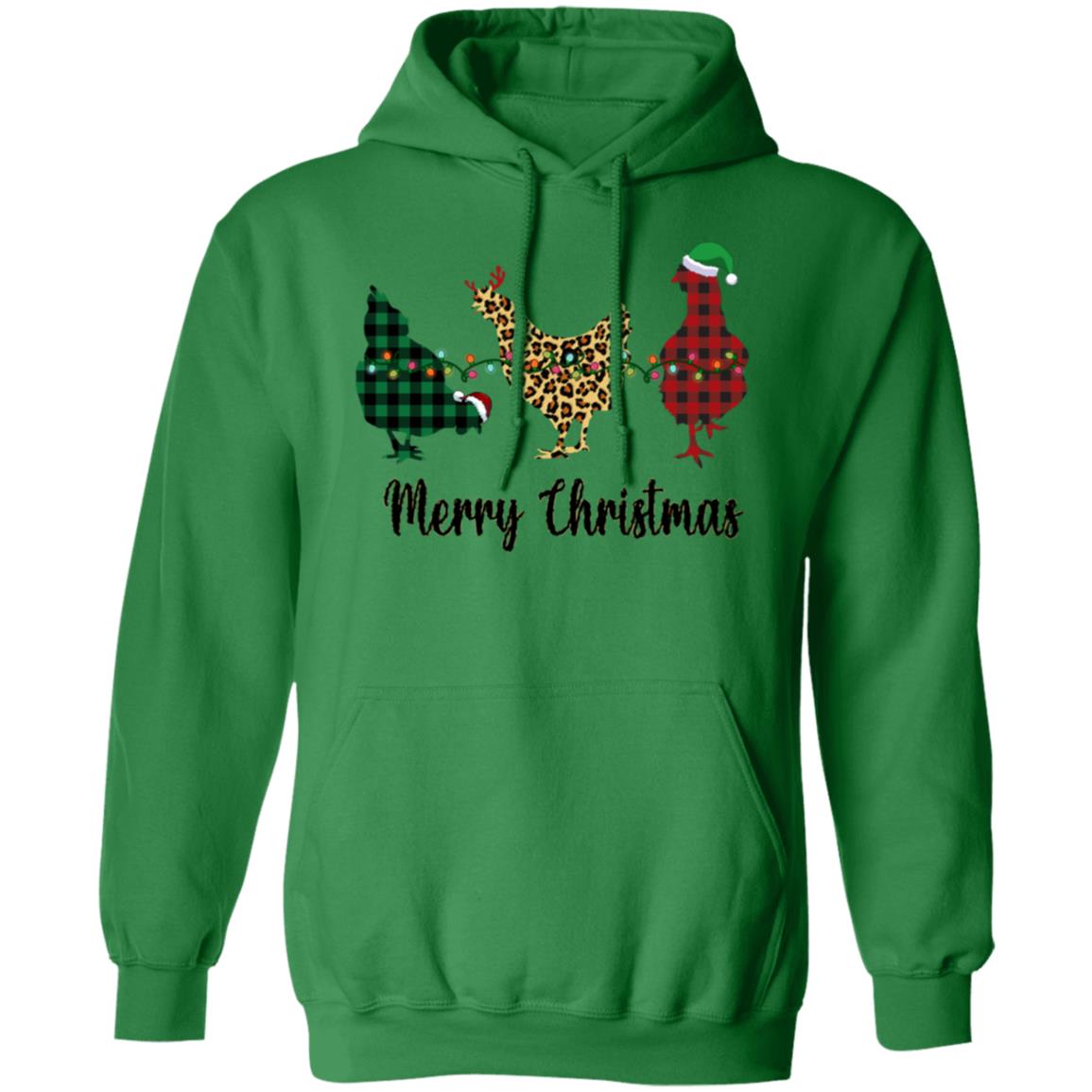 Merry Christmas Chickens - Animal Print and Buffalo Plaid | Adult Pullover Hoodie