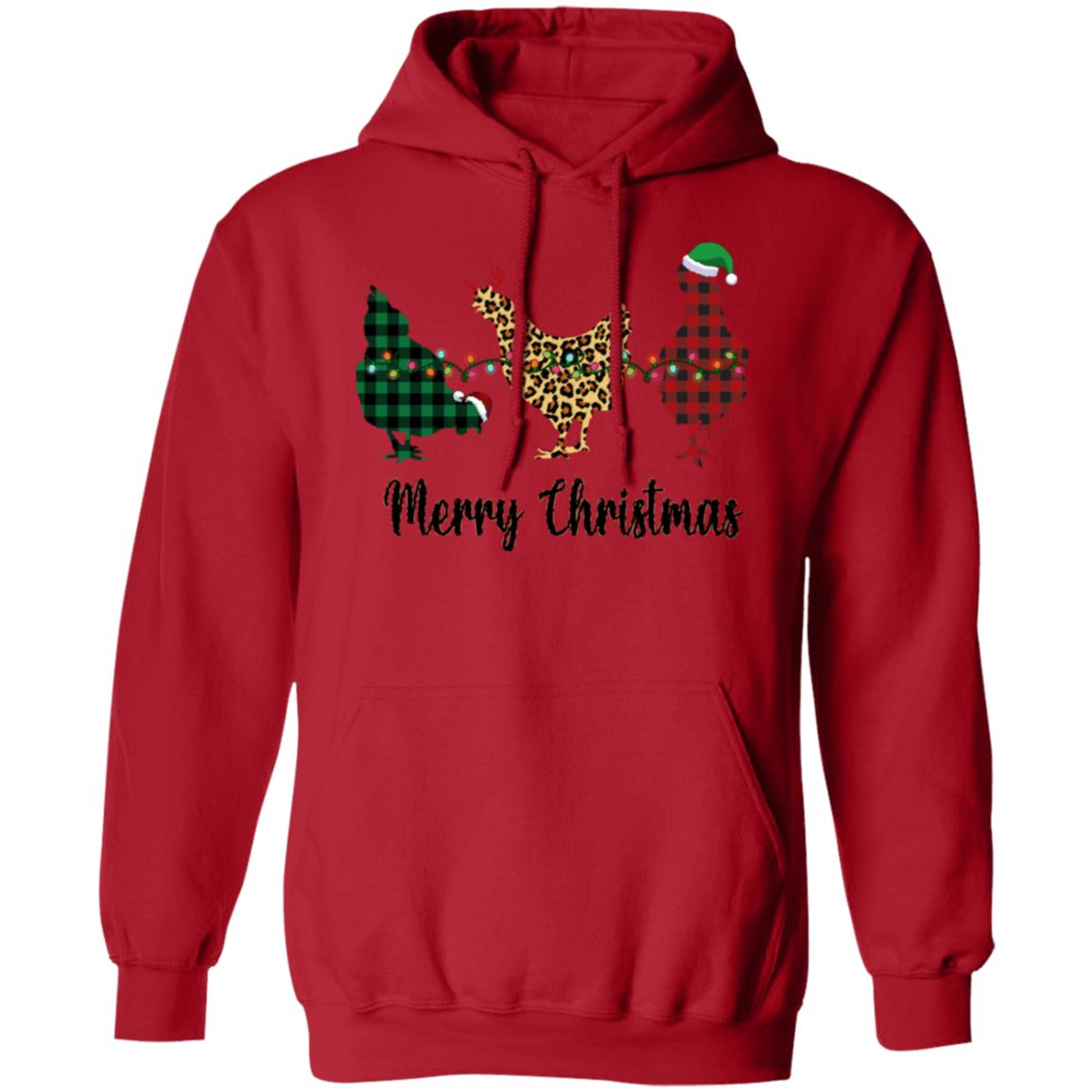 Merry Christmas Chickens - Animal Print and Buffalo Plaid | Adult Pullover Hoodie