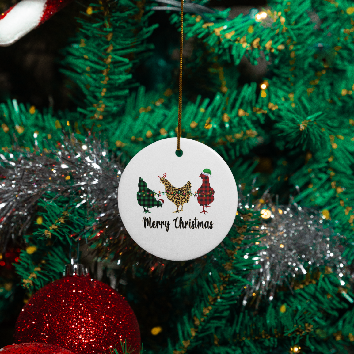 Merry Christmas Chickens - Animal Print and Buffalo Plaid | Christmas Ornament