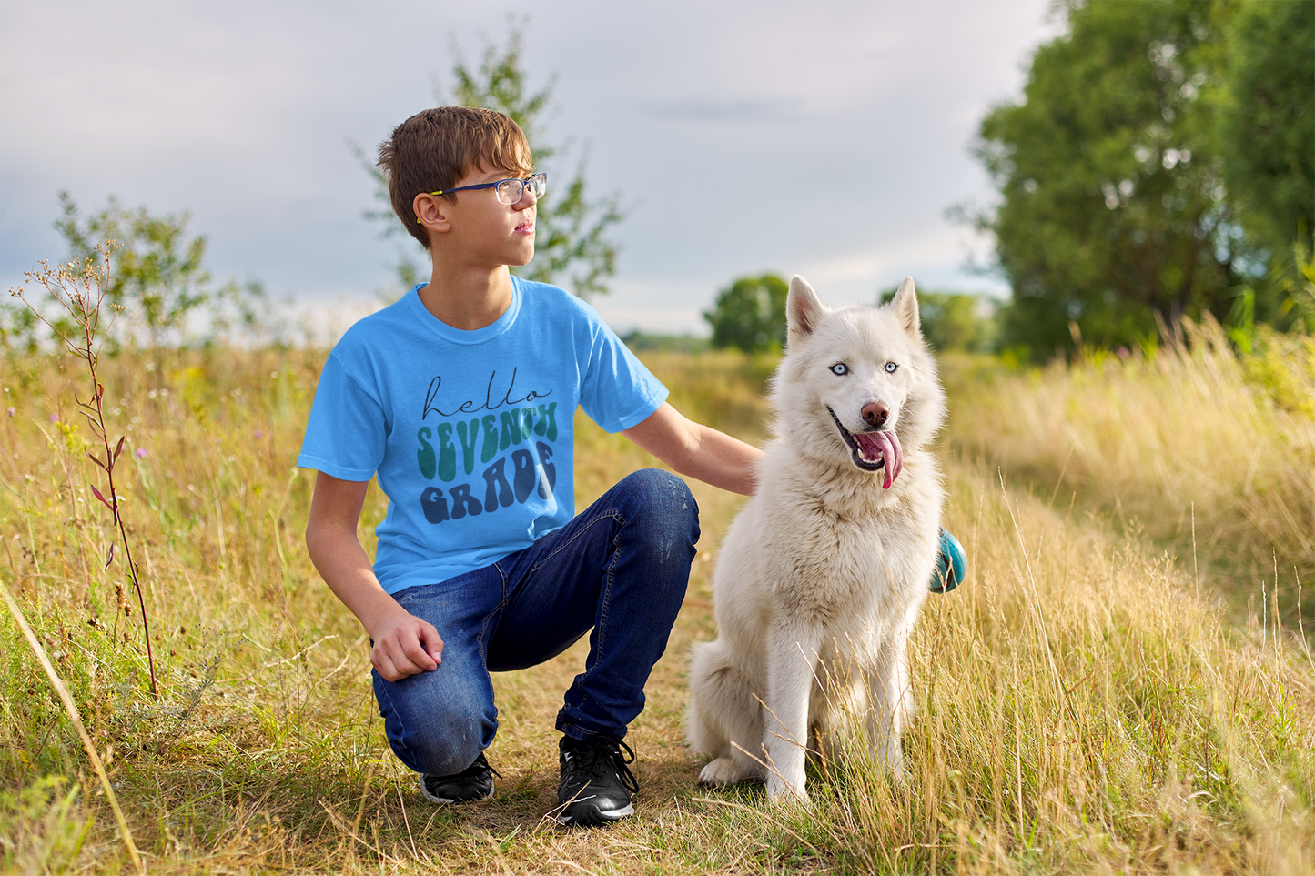 Hello Seventh Grade Retro Blue | Youth and Adult T-Shirts