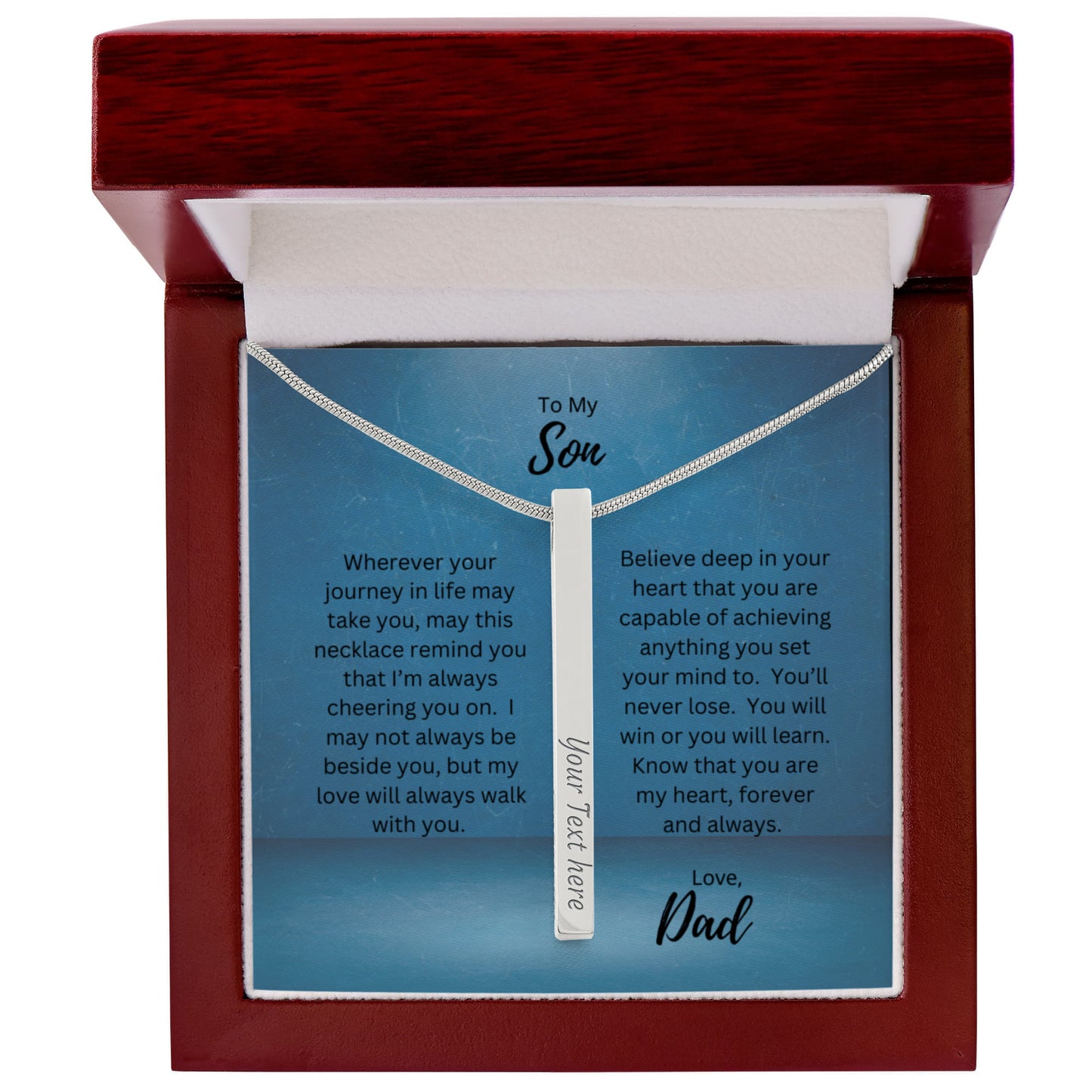 To My Son, Love Dad | Wherever Your Journey Takes You | Personalized Vertical Engraved Stick Necklace