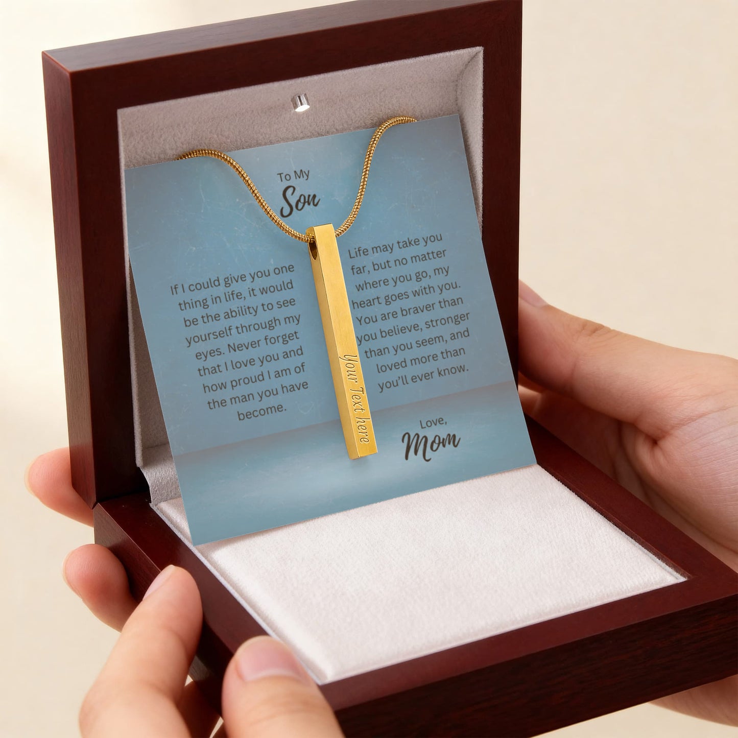 To My Son, Love Mom | See Yourself Through My Eyes | Personalized Vertical Engraved Stick Necklace