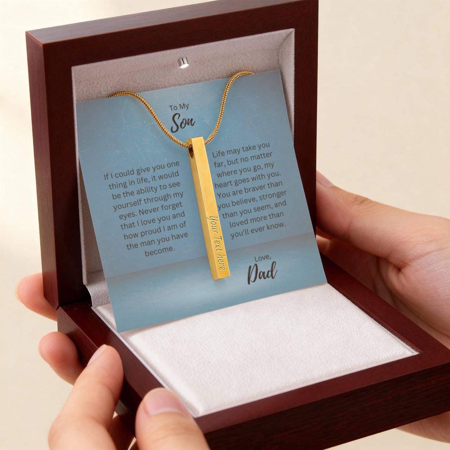 To My Son, Love Dad | See Yourself Through My Eyes | Personalized Vertical Engraved Stick Necklace