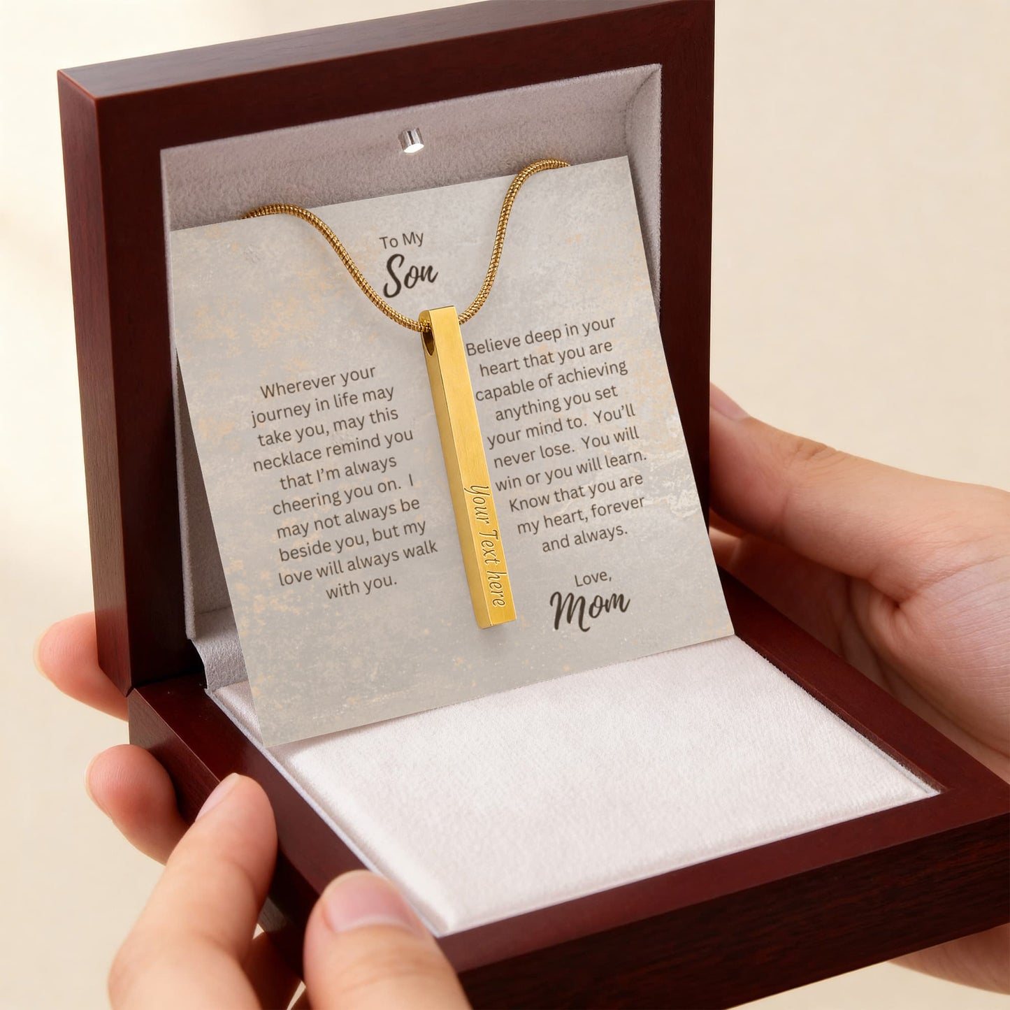 To My Son, Love Mom | Wherever Your Journey Takes You | Personalized Vertical Engraved Stick Necklace