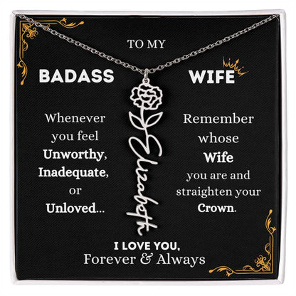 To My Bada$$ Wife | Silver Birth Flower Name Necklace