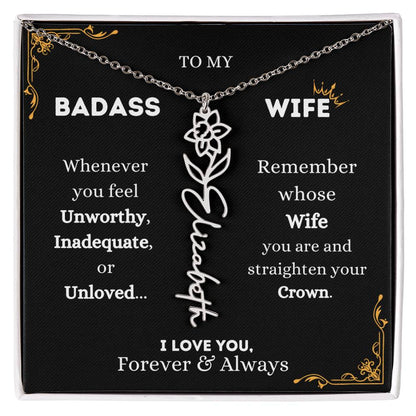To My Bada$$ Wife | Silver Birth Flower Name Necklace