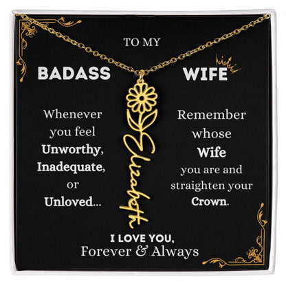 To My Bada$$ Wife | Gold Birth Flower Name Necklace
