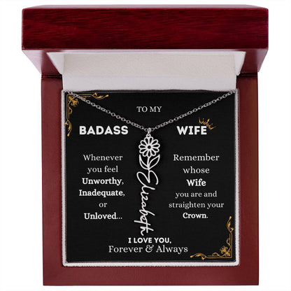 To My Bada$$ Wife | Silver Birth Flower Name Necklace