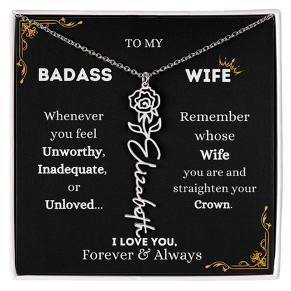 To My Bada$$ Wife | Silver Birth Flower Name Necklace