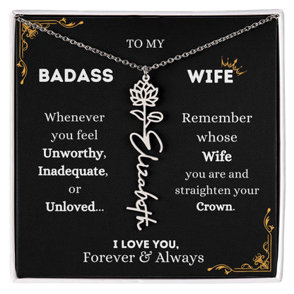 To My Bada$$ Wife | Silver Birth Flower Name Necklace