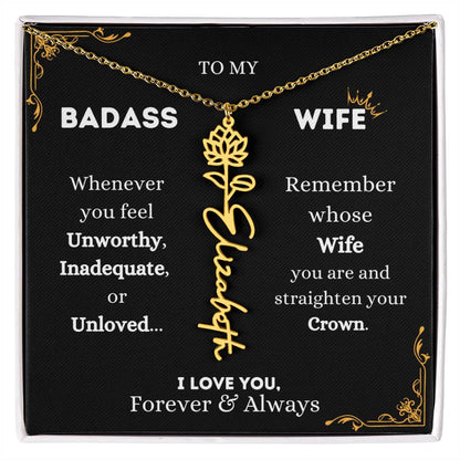 To My Bada$$ Wife | Gold Birth Flower Name Necklace
