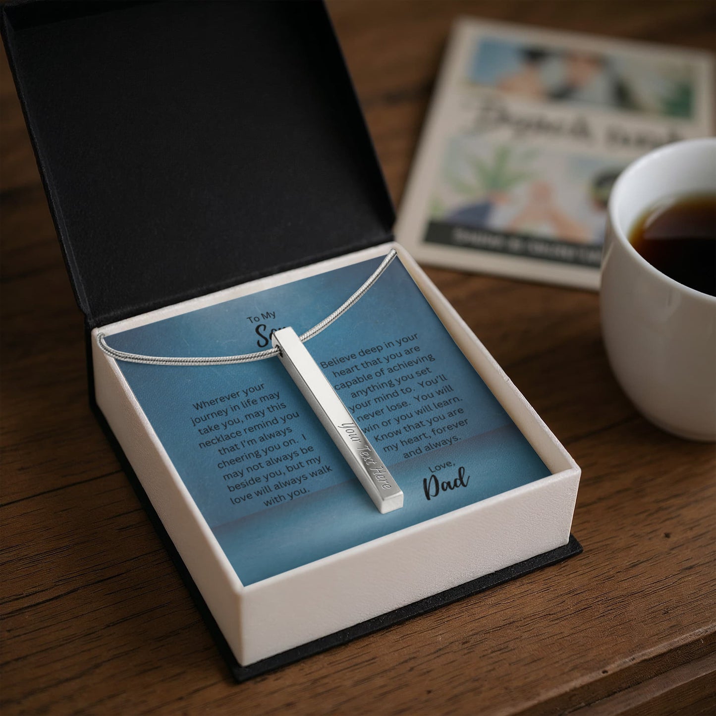 To My Son, Love Dad | Wherever Your Journey Takes You | Personalized Vertical Engraved Stick Necklace