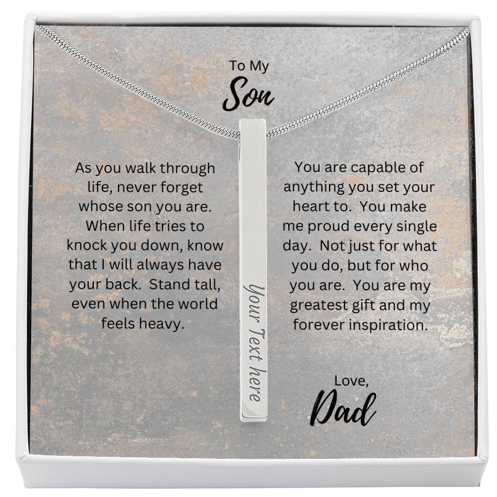 To My Son, Love Dad | As You Walk Through Life | Personalized Vertical Engraved Stick Necklace
