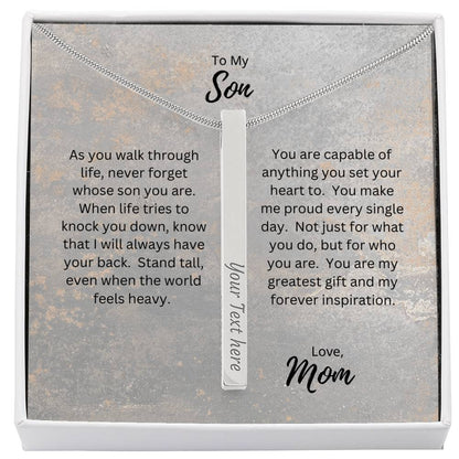 To My Son, Love Mom | As You Walk Through Life | Personalized Vertical Engraved Stick Necklace