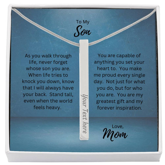 To My Son, Love Mom | As You Walk Through Life | Personalized Vertical Engraved Stick Necklace