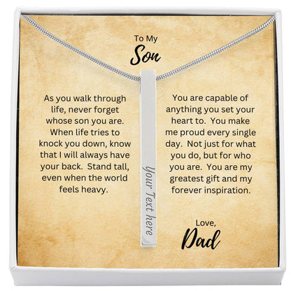 To My Son, Love Dad | As You Walk Through Life | Personalized Vertical Engraved Stick Necklace