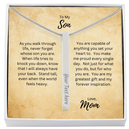 To My Son, Love Mom | As You Walk Through Life | Personalized Vertical Engraved Stick Necklace