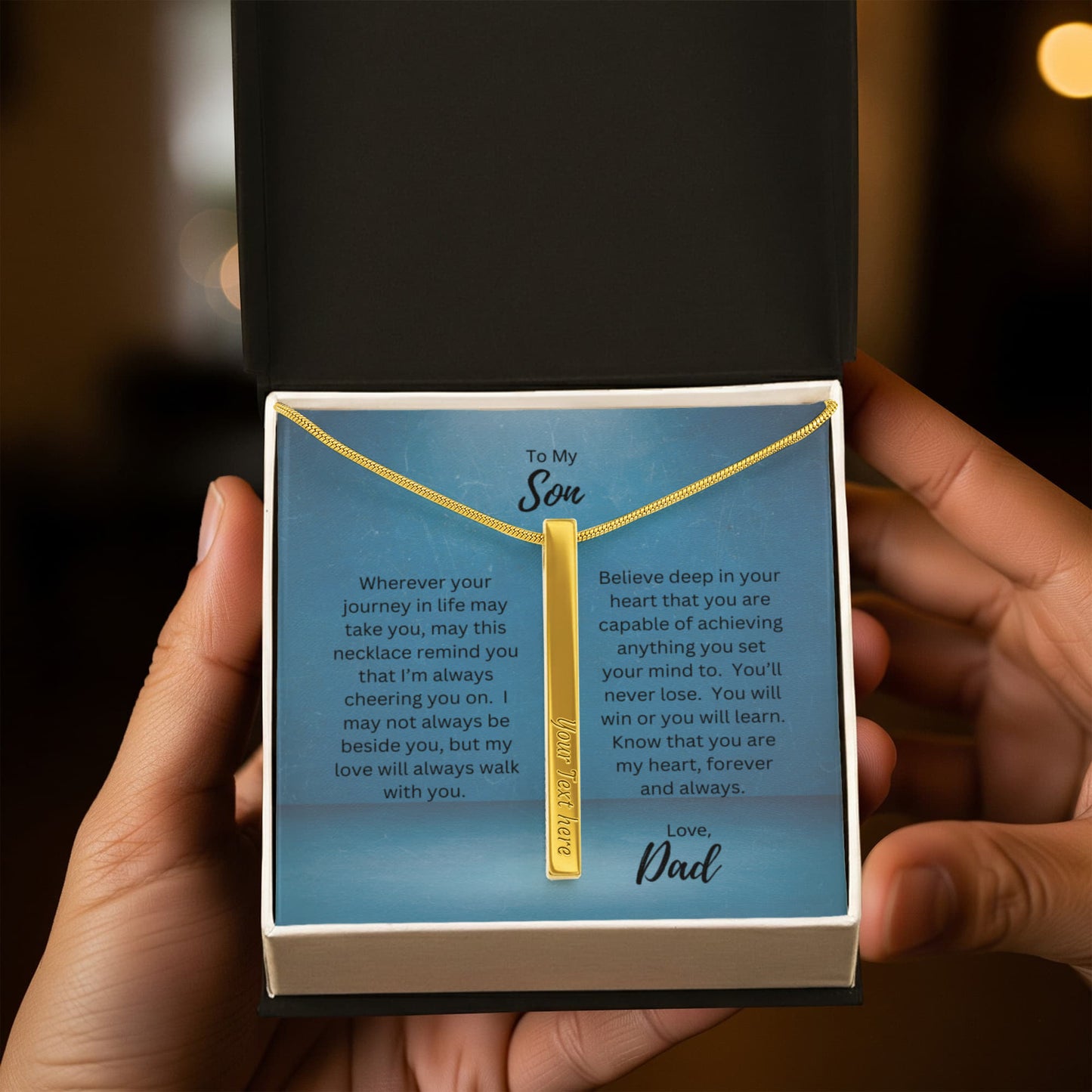 To My Son, Love Dad | Wherever Your Journey Takes You | Personalized Vertical Engraved Stick Necklace