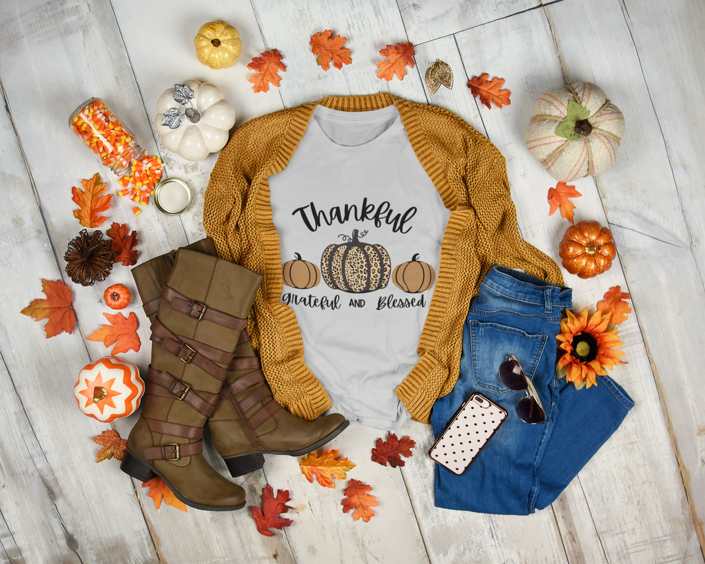 Thankful Grateful & Blessed Animal Print Pumpkin | Adult T-Shirt