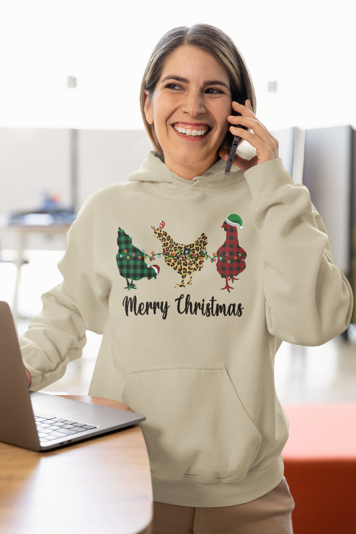 Merry Christmas Chickens - Animal Print and Buffalo Plaid | Adult Pullover Hoodie