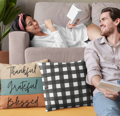 Thankful, Grateful, and Blessed Buffalo Plaid | Reversible Square Decorative Pillow 18in x 18in